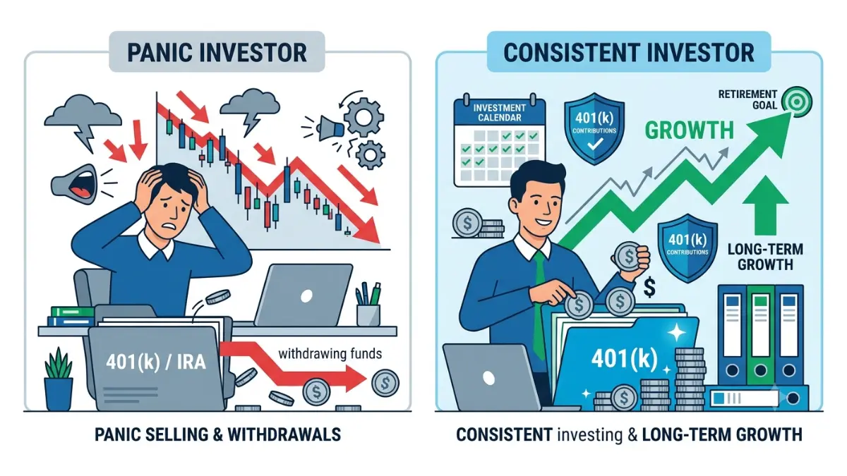 401(k) investing comparison showing emotional investing mistakes versus disciplined long-term retirement investing
