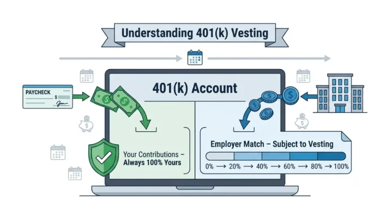 401(k) Vesting overview showing employee contributions, employer match, and vesting timeline in a retirement account