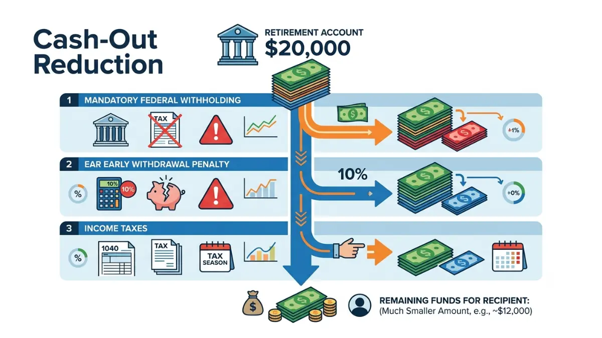401(k) When Laid Off illustration showing how taxes, early withdrawal penalties, and mandatory withholding reduce the final cash-out amount.