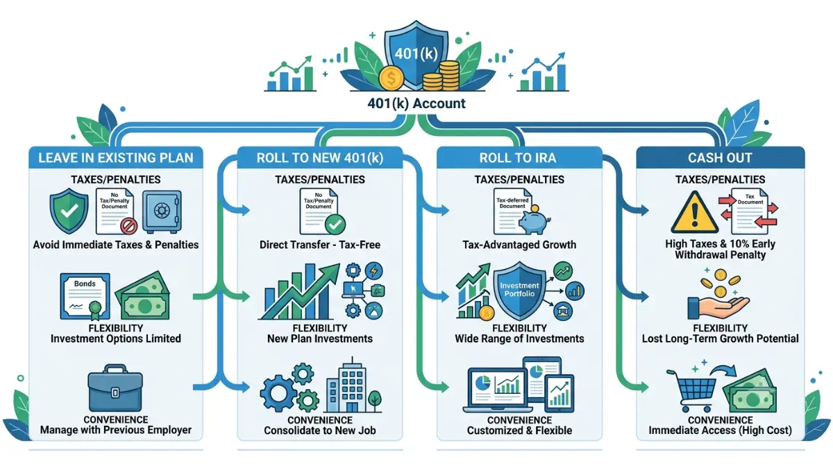 401(k) When Laid Off decision tree comparing the four available retirement account options after leaving an employer.