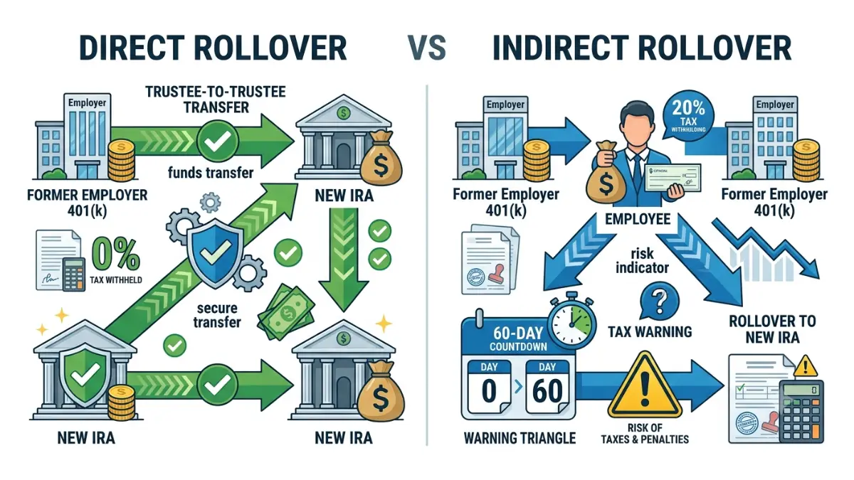 401(k) When Laid Off comparison illustrating direct rollover versus indirect rollover with tax withholding and 60-day rollover rules.