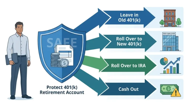 401(k) When Laid Off complete visual guide showing the four retirement account options after losing a job, including leaving the old plan, rolling over to a new 401(k), transferring to an IRA, or cashing out.