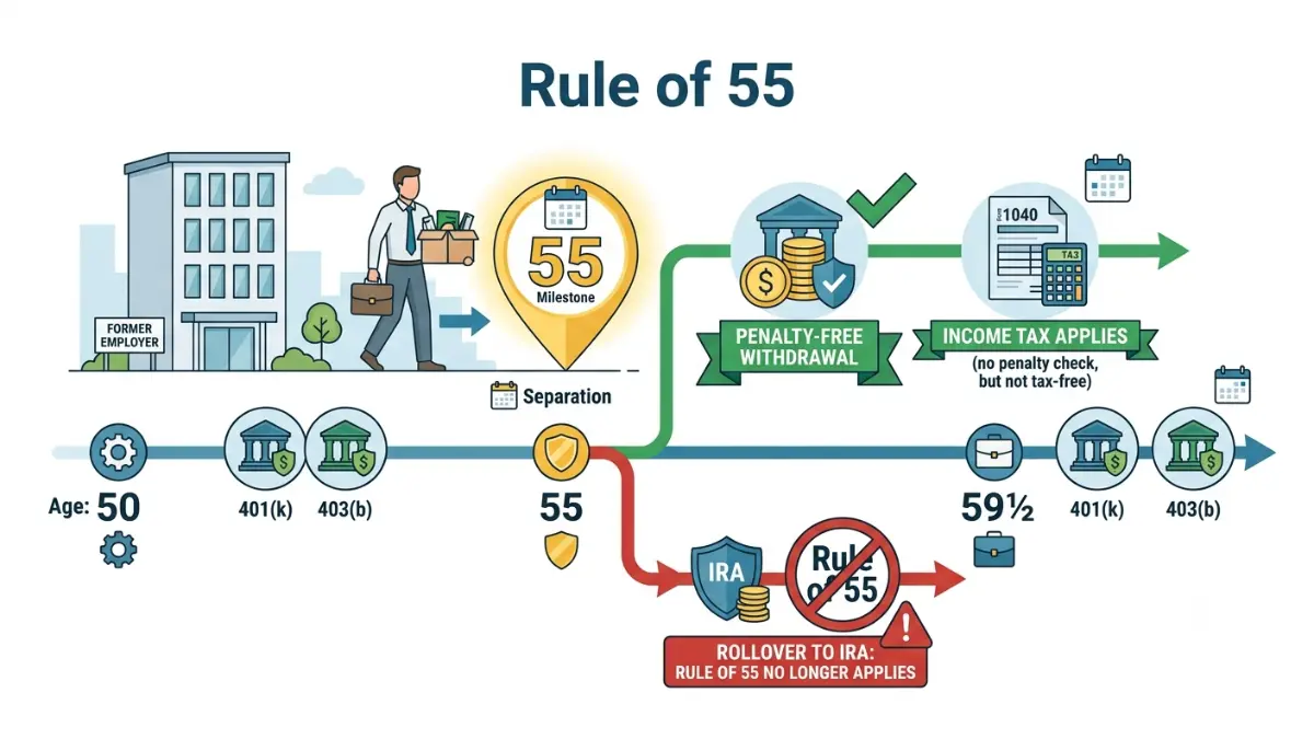 401(k) When Laid Off Rule of 55 timeline showing penalty-free withdrawal eligibility and important retirement age milestones.