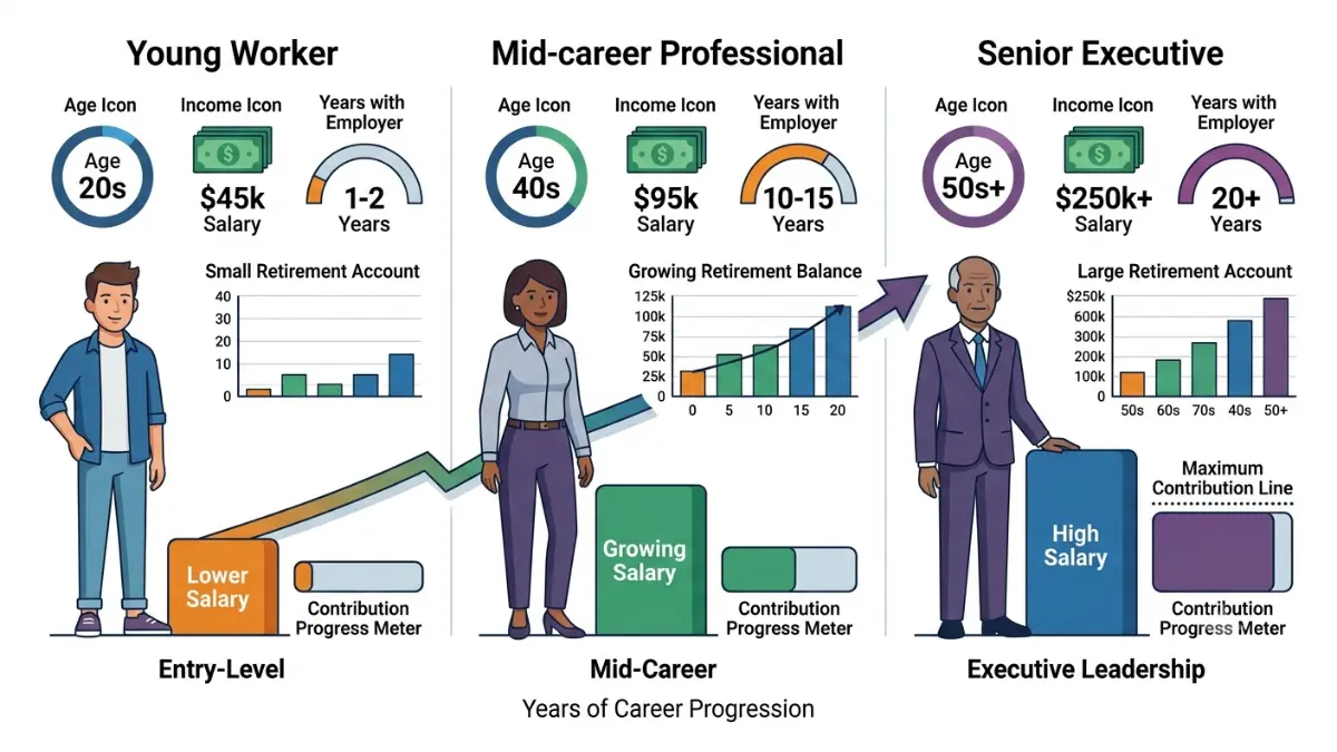 401(k) illustration comparing the typical workers who are most likely to max out their retirement contributions