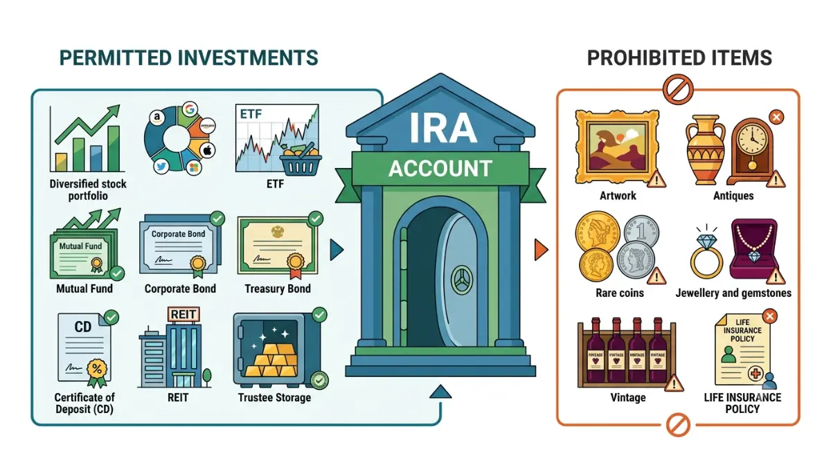 IRA Investments showing permitted assets like stocks, ETFs, mutual funds, bonds, CDs, REITs, and approved bullion alongside prohibited collectibles and life insurance on a pure white background