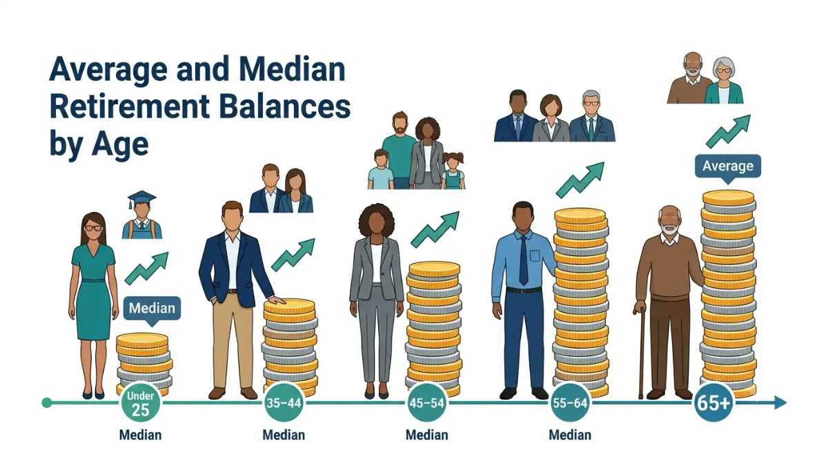 Average 401(k) Balance growth across different age groups illustrated with average and median retirement savings comparison