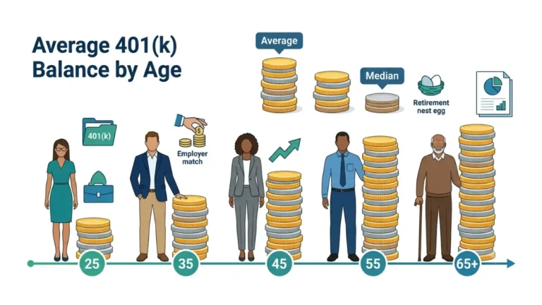 Average 401(k) Balance comparison by age showing average vs median retirement savings in a professional vector illustration