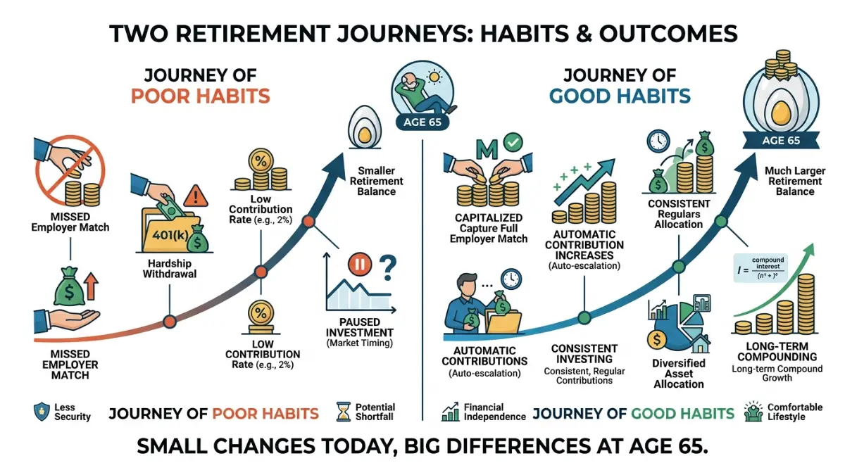 Average 401(k) Balance comparison showing common retirement saving mistakes and smart investing habits in a vector illustration