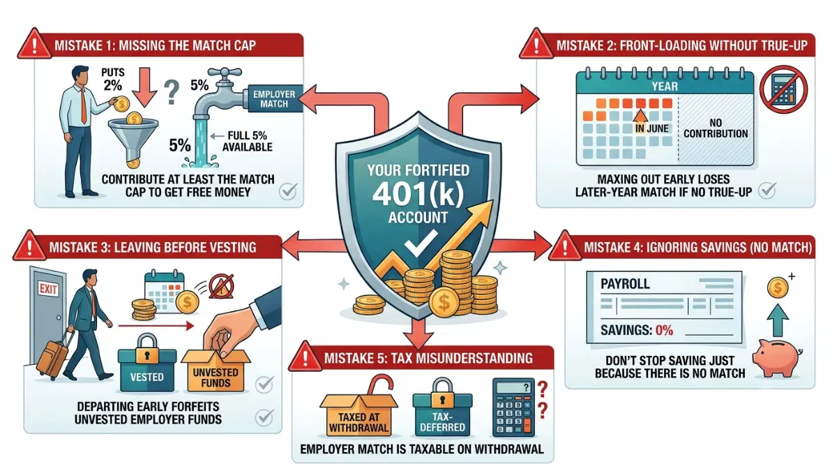 Average 401(k) Employer Match illustration highlighting five costly employer match mistakes to avoid