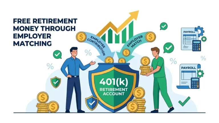 Average 401(k) Employer Match illustrated with employee and employer contributing together into a retirement savings account