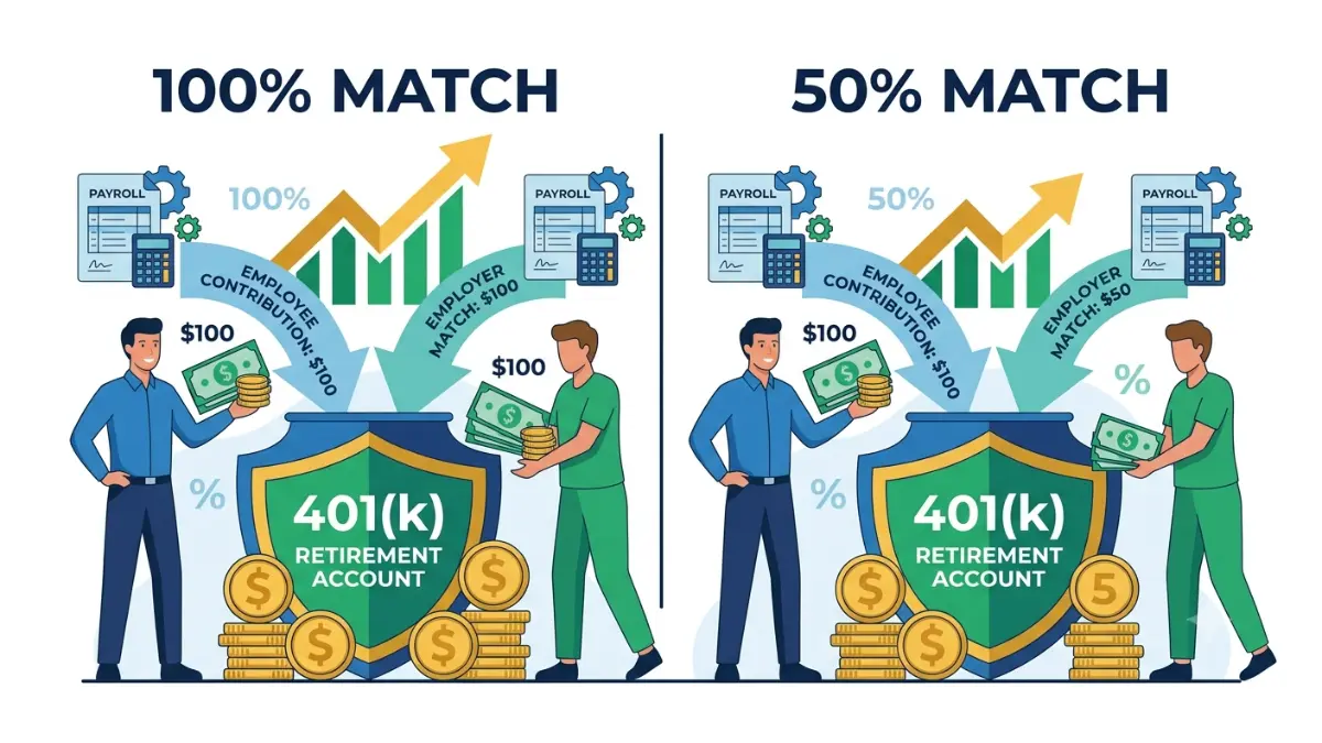 Average 401(k) Employer Match comparison showing full match vs partial employer match formulas