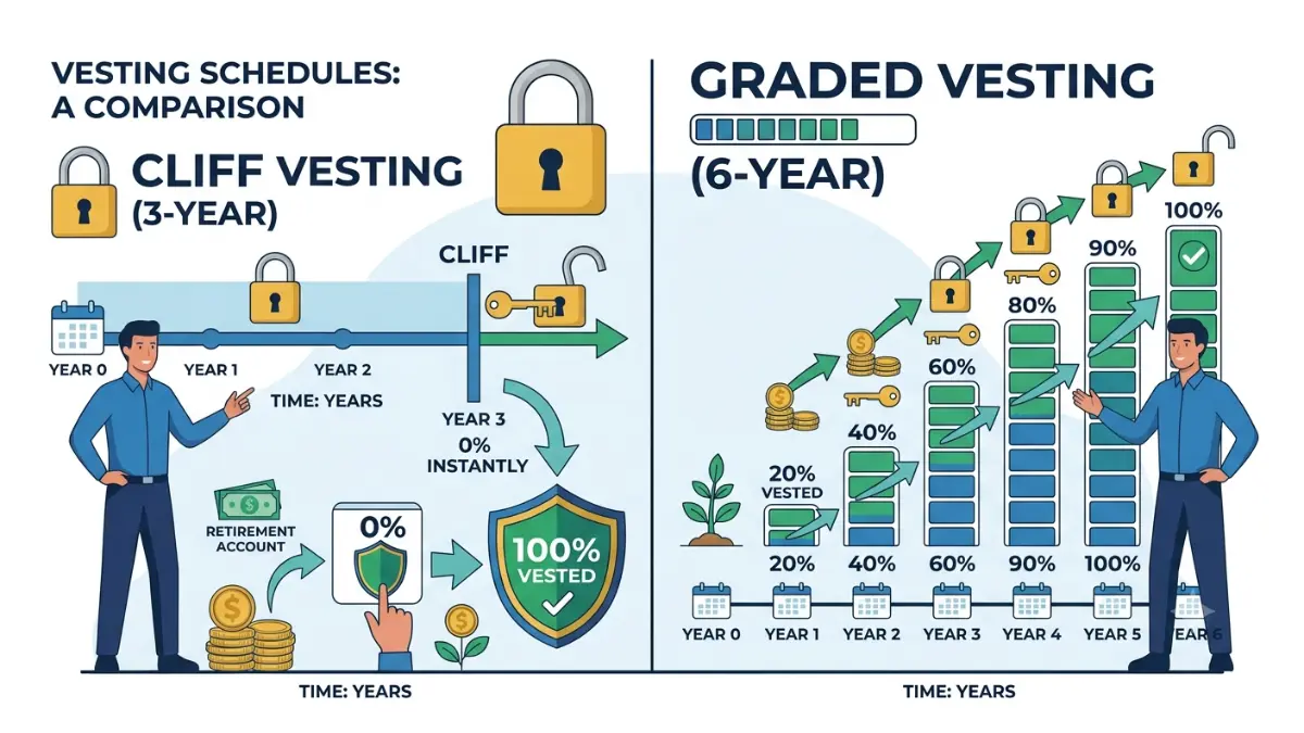 Average 401(k) Employer Match vesting timeline comparing cliff vesting and graded vesting schedules