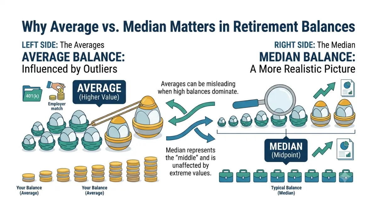 Average 401(k) Balance versus median explained using retirement account comparison in a financial vector illustration