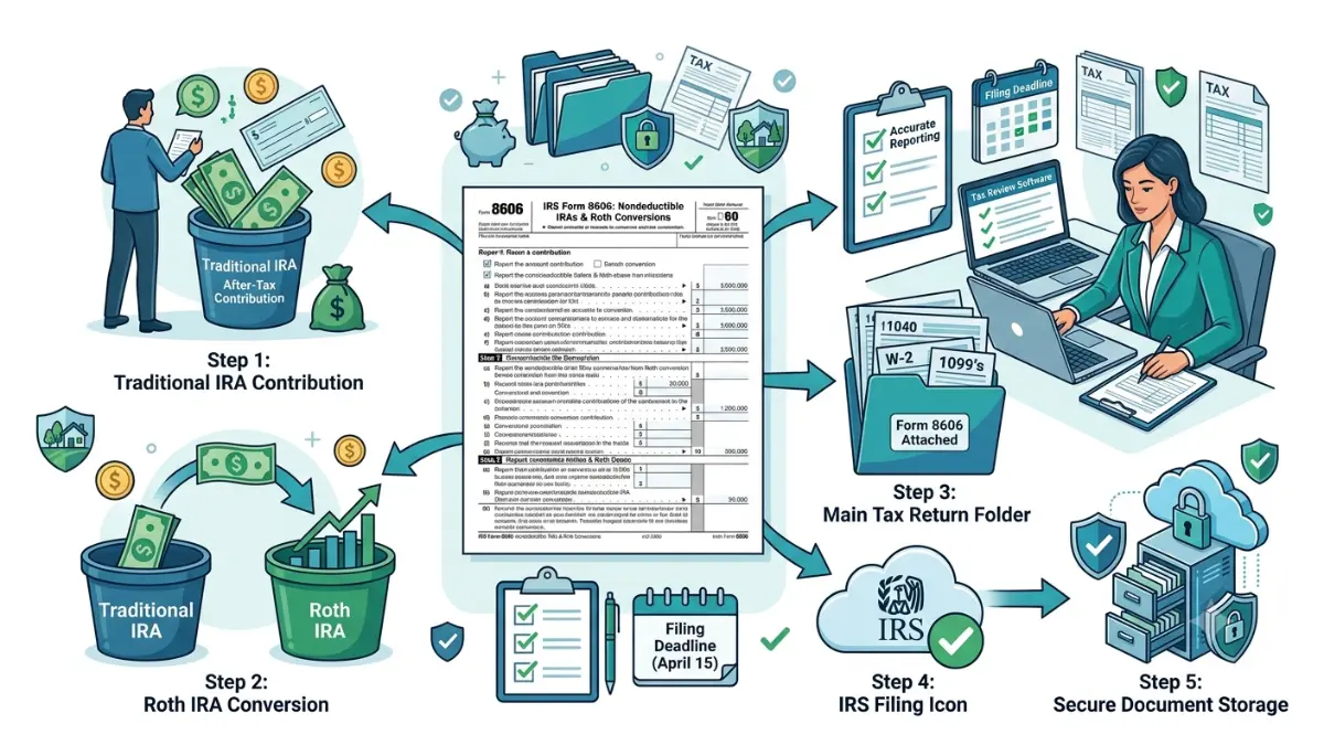 Backdoor Roth IRA tax reporting process with Form 8606, Roth conversion, and IRS filing workflow