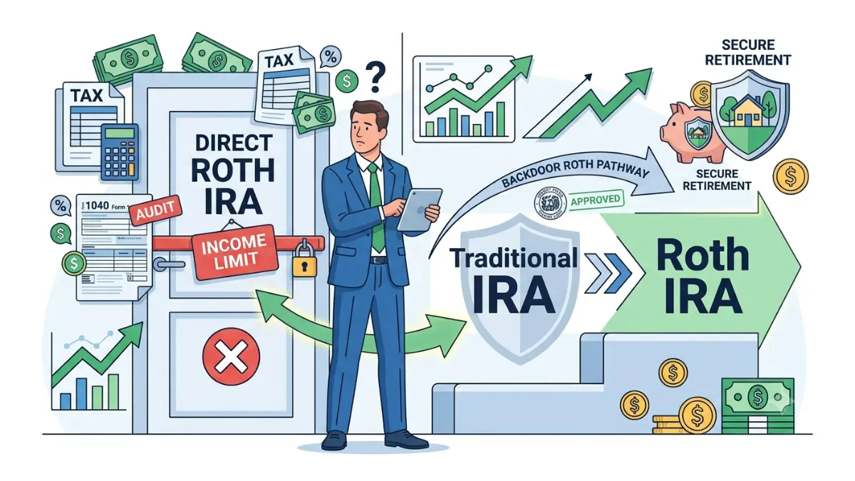 Backdoor Roth IRA illustration explaining why high-income earners cannot contribute directly but can convert through a Traditional IRA
