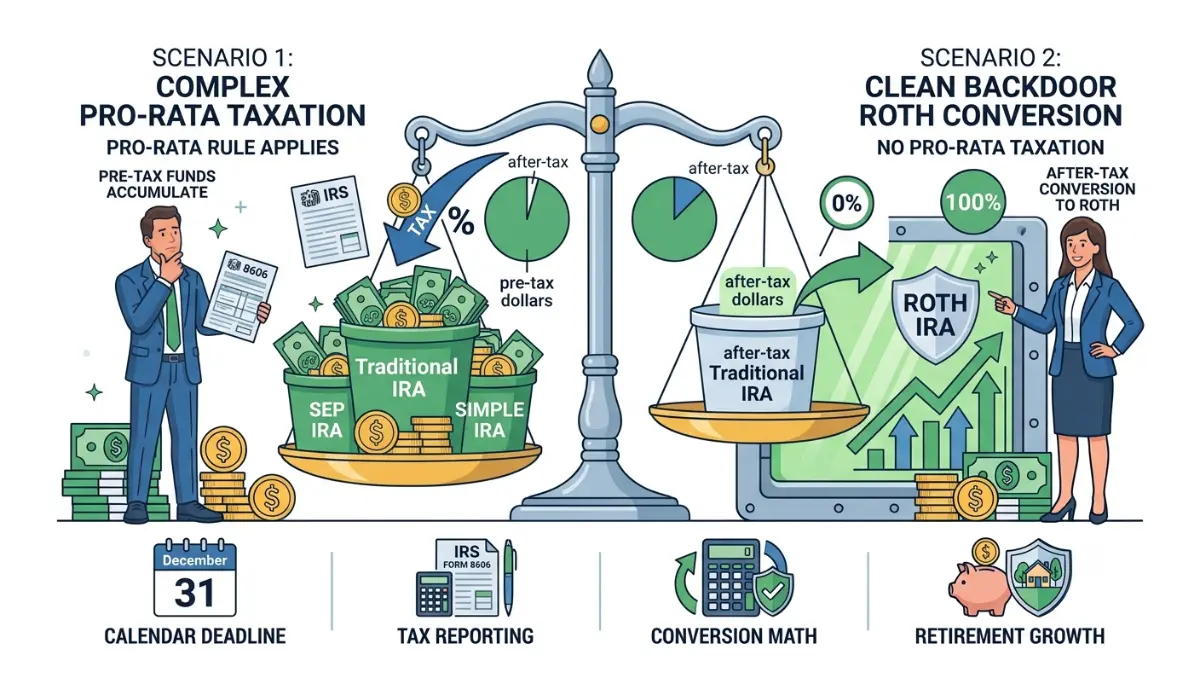 Backdoor Roth IRA pro-rata rule illustration comparing clean and taxable IRA conversion scenarios