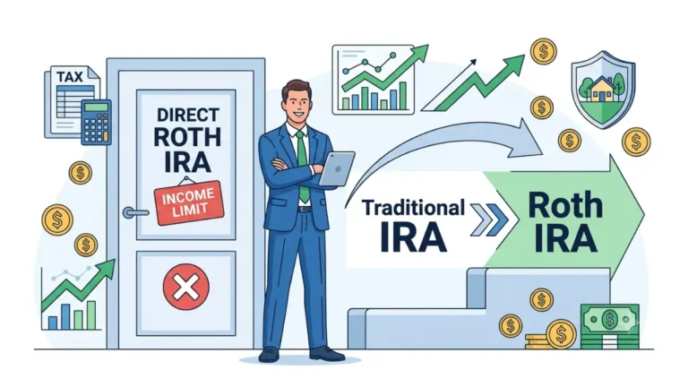 Backdoor Roth IRA strategy showing a Traditional IRA conversion into a Roth IRA for high-income earners with a closed direct contribution path