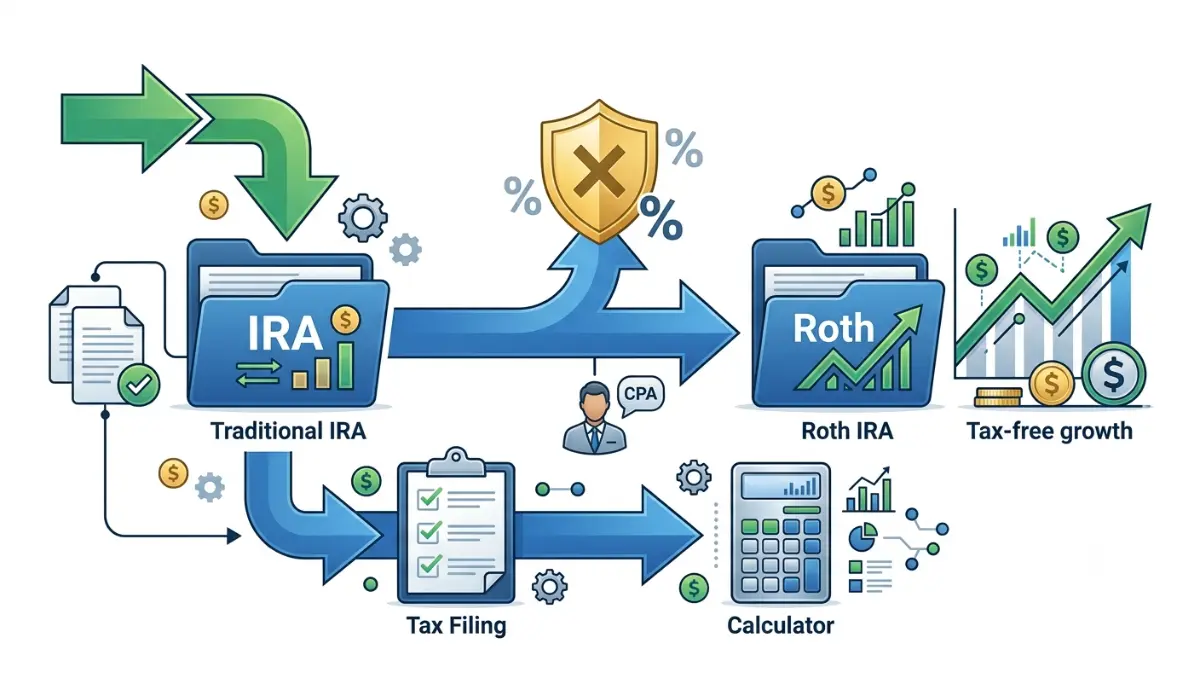 Roth IRA backdoor strategy vector illustration showing Traditional IRA conversion process and pro-rata rule concept