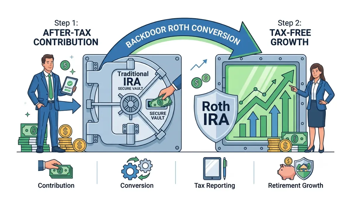 Backdoor Roth IRA two-step process showing after-tax contribution to a Traditional IRA followed by Roth conversion