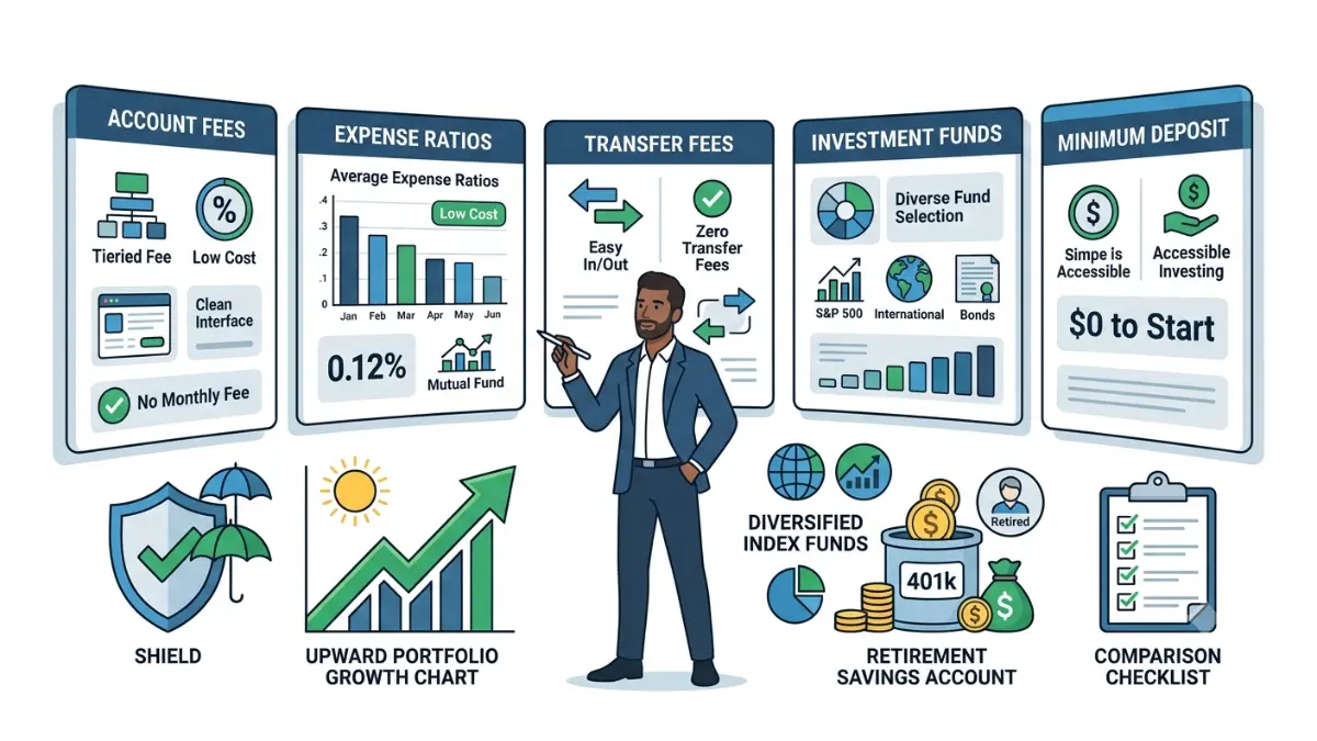 Best IRA Account comparison showing how to choose the right IRA broker based on fees, investment options, expense ratios, and transfer flexibility