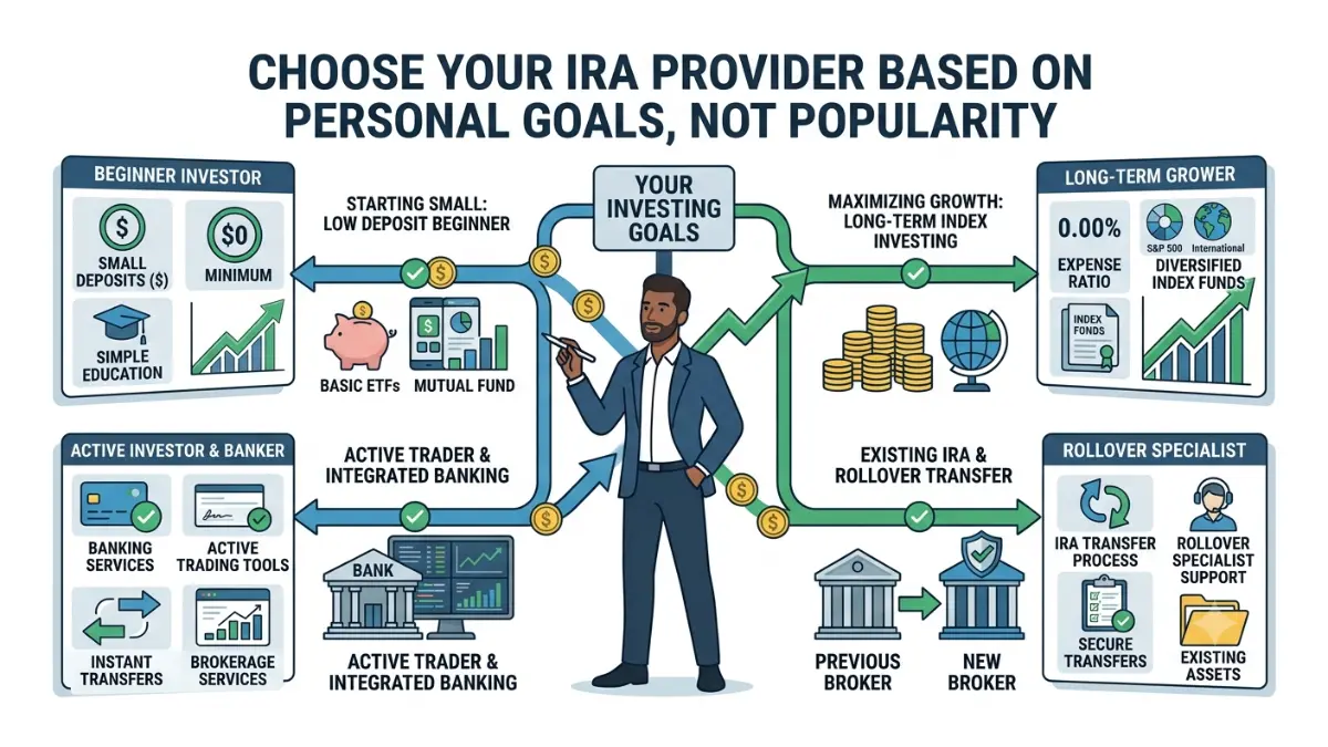 Best IRA Account decision guide helping investors choose the right IRA broker based on investing goals and retirement needs