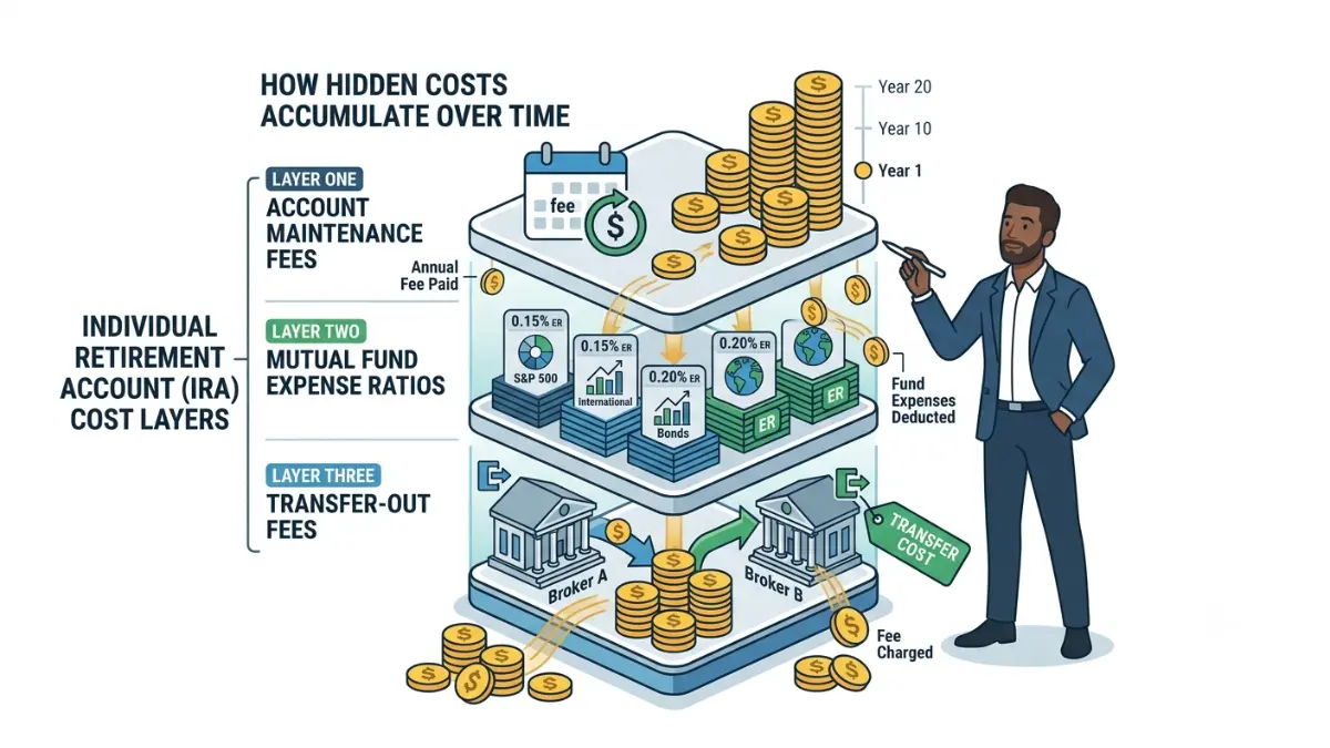 Best IRA Account illustration explaining account maintenance fees, expense ratios, and IRA transfer fees that affect long-term retirement savings