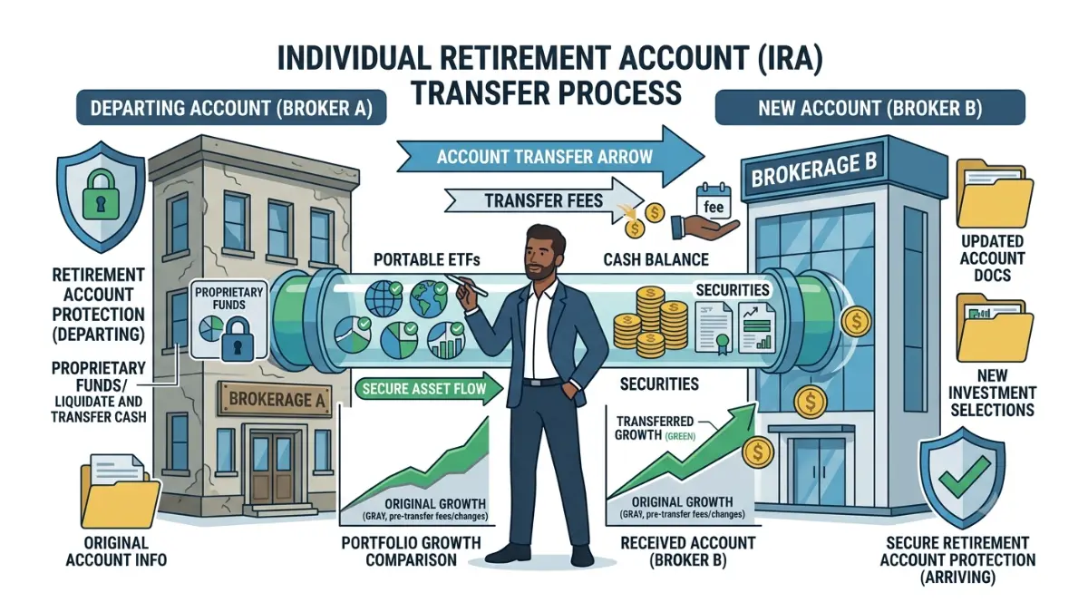 Best IRA Account vector showing ACAT transfer process, IRA rollover, and broker transfer fees between investment firms