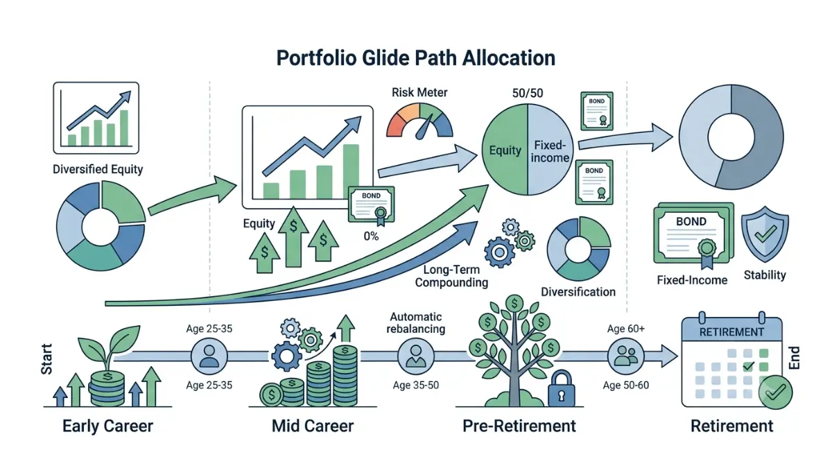 Choose 401(k) Investments with a retirement timeline illustrating how stock and bond allocation gradually changes over time in this professional vector illustration on a pure white background.