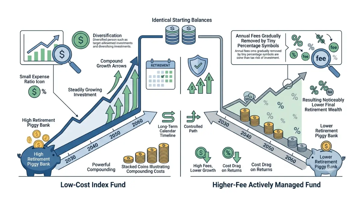 Choose 401(k) Investments by comparing low and high expense ratios with this financial vector illustration showing the long-term impact of investment fees on a pure white background.