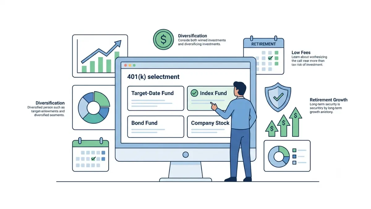Choose 401(k) Investments with a professional vector illustration showing a retirement account dashboard comparing target-date funds, index funds, bond funds, and company stock on a pure white background.