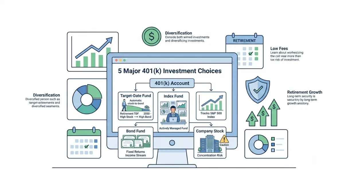 Choose 401(k) Investments by understanding target-date funds, index funds, bond funds, active funds, and company stock with this educational vector illustration on a pure white background.