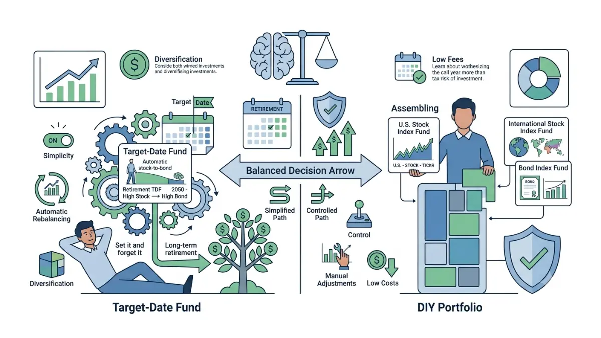 Choose 401(k) Investments by comparing a target-date fund with a simple low-cost index fund portfolio in this professional vector illustration on a pure white background.