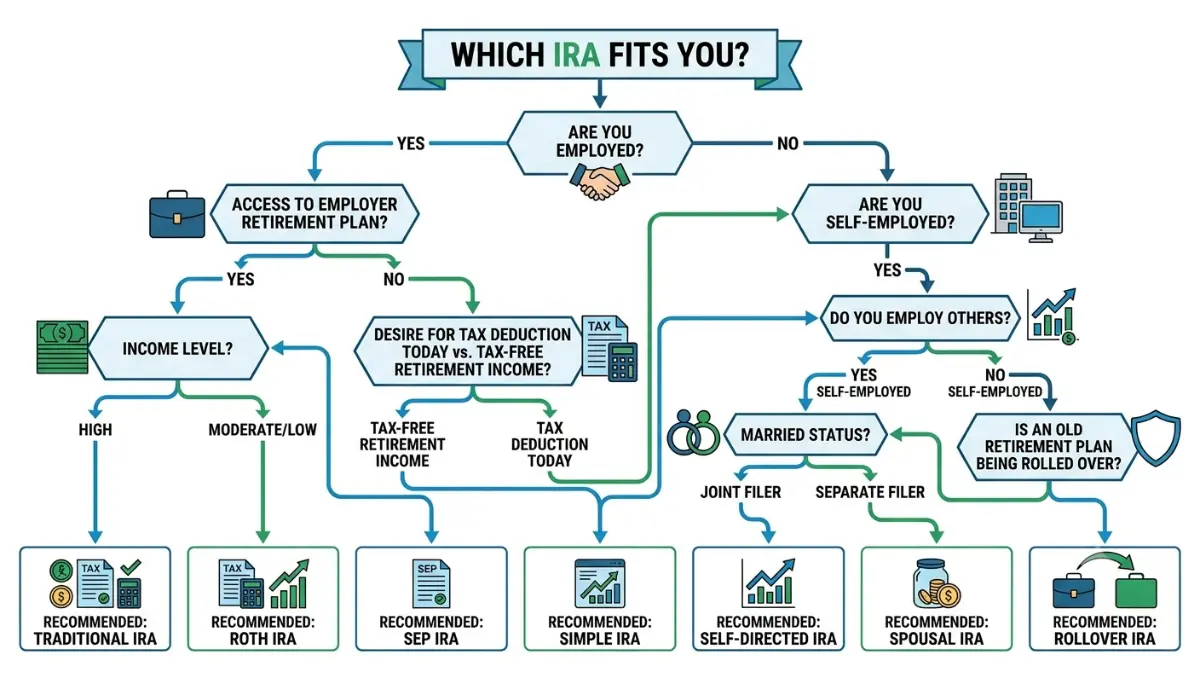 IRA Accounts decision tree helping investors choose the right IRA based on income, employment status, and retirement goals.