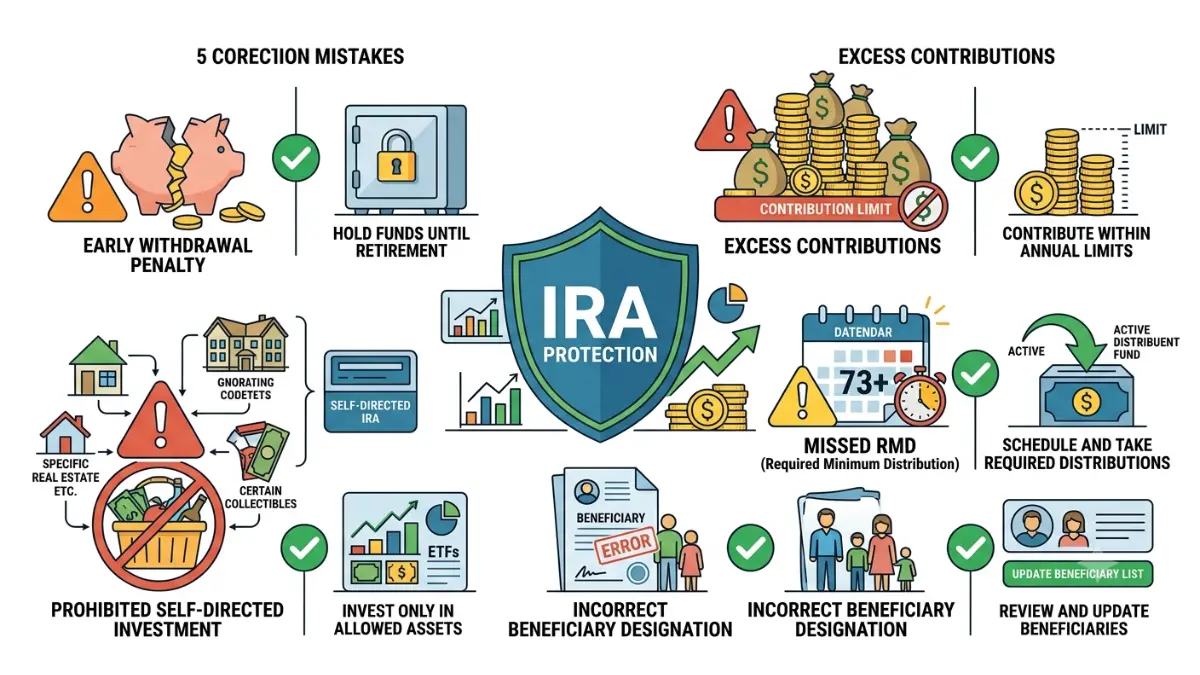 IRA Accounts common mistakes including excess contributions, early withdrawals, missed RMDs, and beneficiary errors.