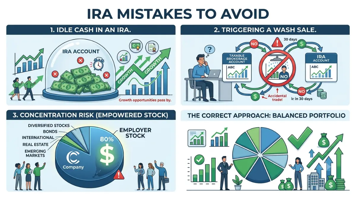 IRA Investments highlighting common mistakes including leaving cash uninvested, wash sale errors, and employer stock concentration on a pure white background