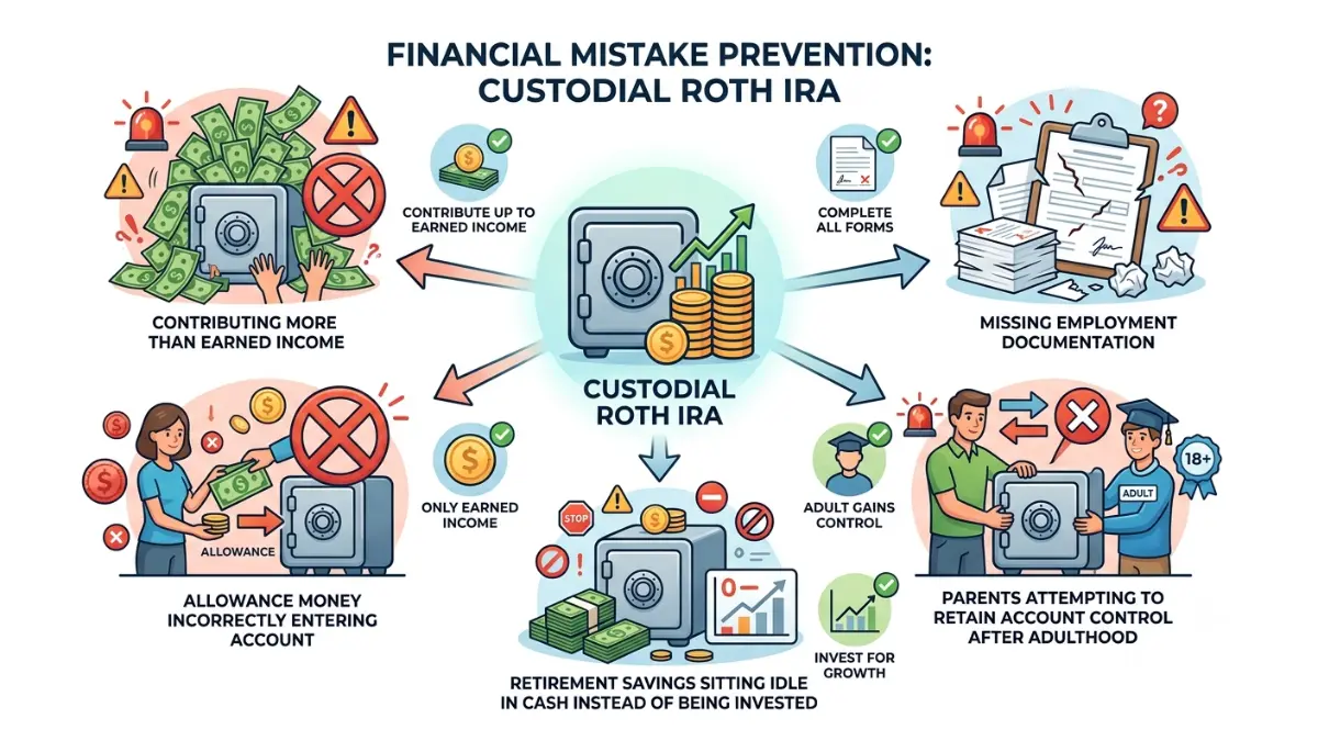 custodial Roth IRA common mistakes illustration showing excess contributions, poor documentation, allowance income, ownership errors, and cash-only investing