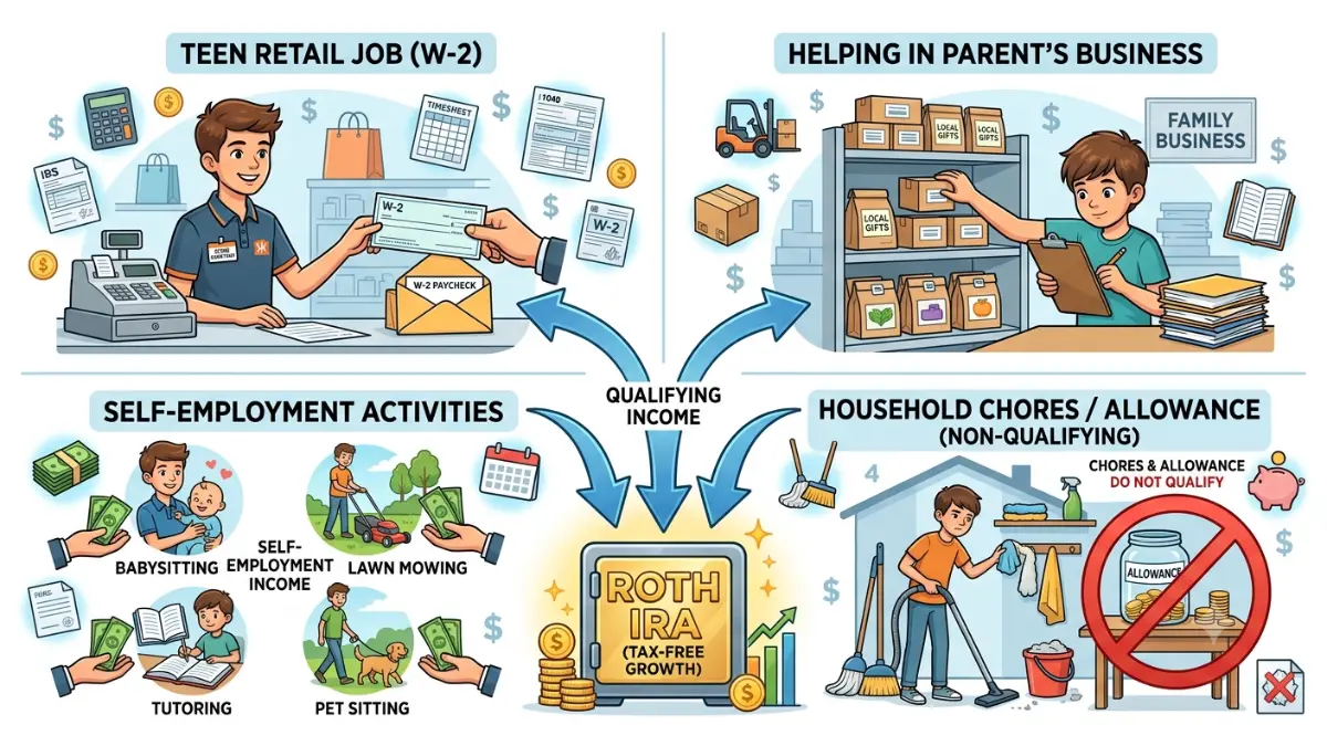custodial Roth IRA earned income sources illustration showing qualifying jobs, self-employment, family business wages, and non-qualifying allowance payments