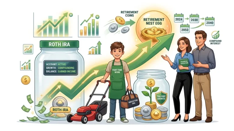 custodial Roth IRA illustration showing a child investing earned income early for decades of tax-free retirement growth