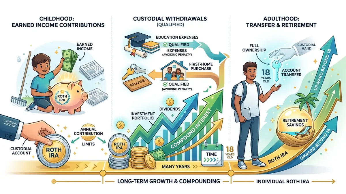 custodial Roth IRA withdrawal timeline illustration showing investment growth, ownership transfer at adulthood, and qualified withdrawals