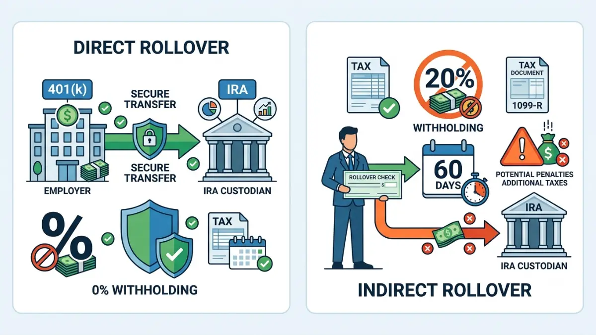 rollover 401k to ira comparison explaining direct versus indirect rollovers including the 20 percent withholding rule and the 60-day rollover deadline