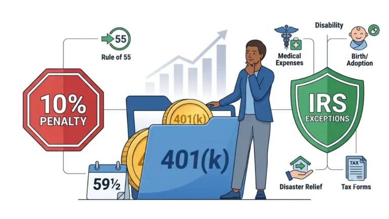 Early Withdrawal Exceptions explained with a 401(k) retirement account, 10% penalty warning, IRS exception shield, and financial decision illustration.