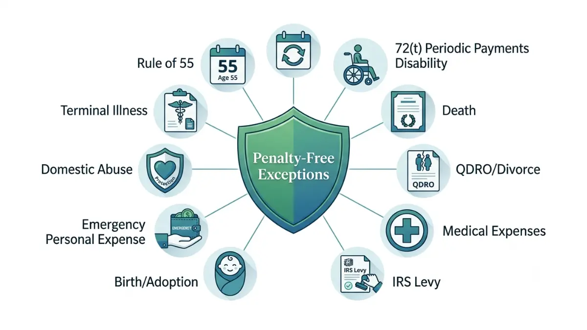 Early Withdrawal Exceptions infographic illustrating the 11 IRS-approved penalty-free 401(k) withdrawal exceptions.