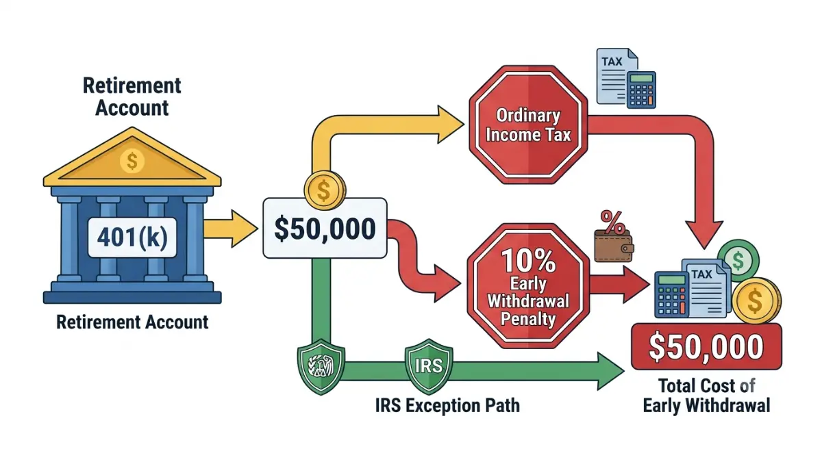 Early Withdrawal Exceptions showing how a 401(k) withdrawal is divided between income tax and the 10% early withdrawal penalty, with IRS exceptions bypassing the penalty.