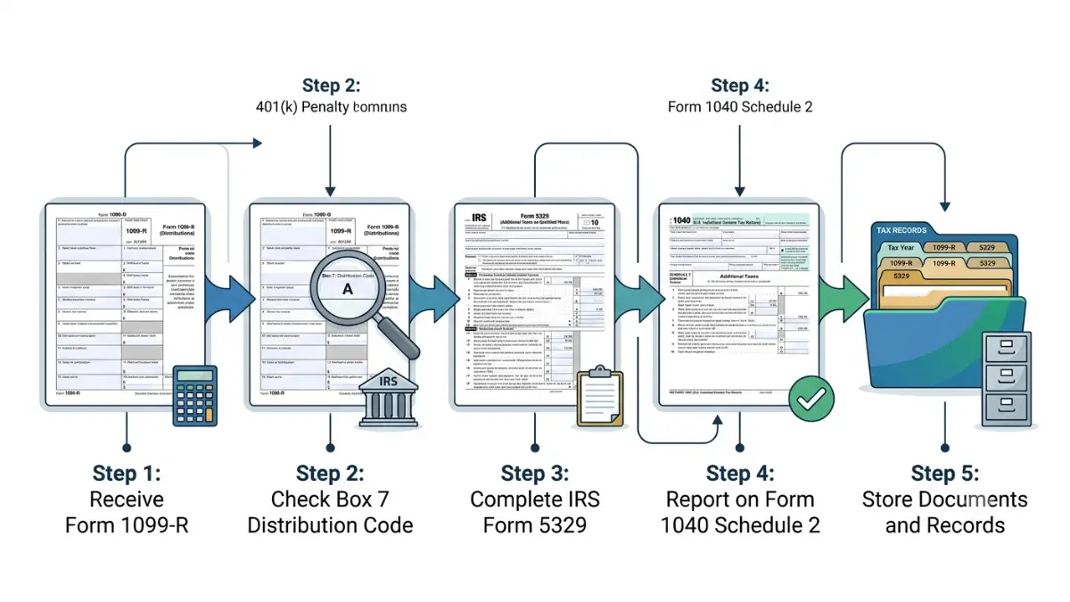 Early Withdrawal Exceptions illustrated through the IRS tax filing process using Form 1099-R, Form 5329, and Schedule 2.