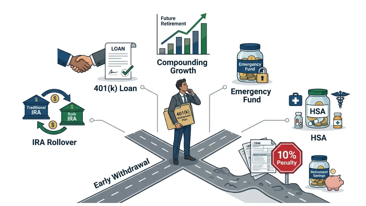 Early Withdrawal Exceptions compared with smarter alternatives including a 401(k) loan, IRA rollover, HSA, and emergency savings.