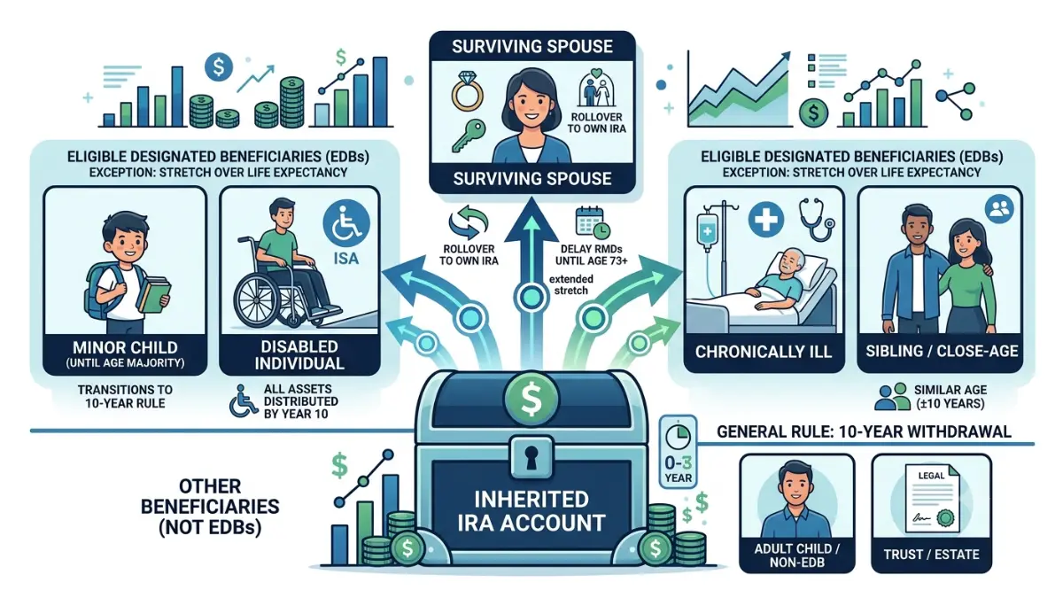 Inherited IRA 10-Year Rule illustration showing eligible designated beneficiaries including spouses, minor children, disabled individuals, chronically ill individuals, and beneficiaries within ten years of the original owner on a pure white background.
