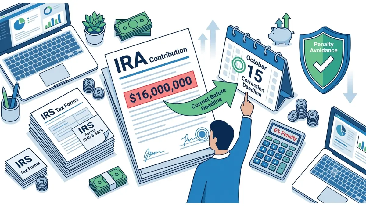Excess IRA Contribution correction process showing IRS deadline, retirement account, and penalty avoidance strategy