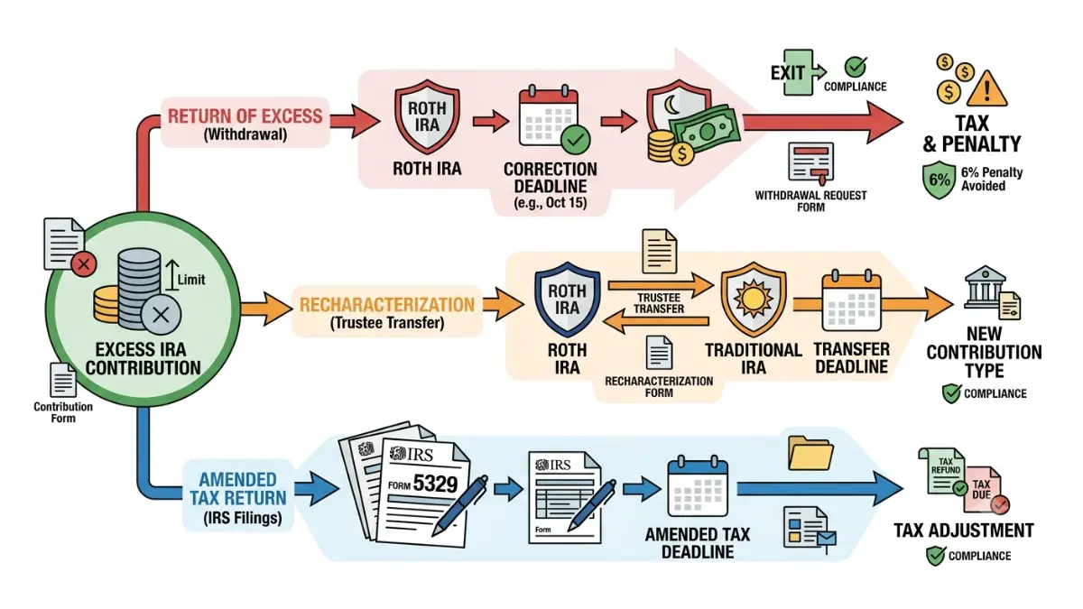 Excess IRA Contribution correction options comparing return of excess, recharacterization, and amended tax return