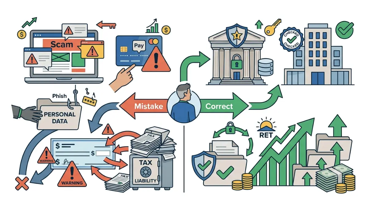 Find an Old 401(k) illustration comparing common retirement account search mistakes with safe and recommended methods for recovering forgotten retirement savings.