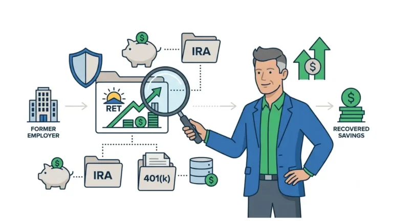 Find an Old 401(k) illustration showing a professional searching for forgotten retirement accounts using employer records, government databases, and retirement savings documents.